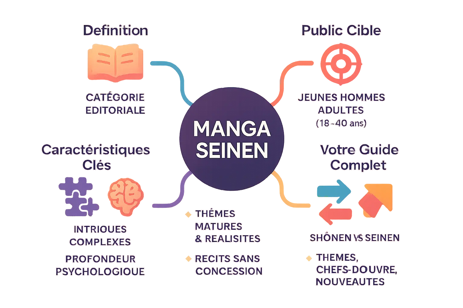 Illustration représentant <strong>l’univers sombre et complexe du manga seinen</strong>« ></p>
<p>Hé, les fans de manga ! Vous pensiez tout savoir après avoir dévoré les sagas shōnen ? Découvrez un univers où les intrigues se tissent avec la complexité d’un stratagème d’échecs et où les personnages portent des <strong>cicatrices aussi profondes que des drames shakespeariens</strong>.</p>
<p>Le manga seinen n’est pas un genre, mais une catégorie éditoriale réservée aux jeunes adultes masculins, âgés de 18 à 40 ans. Contrairement au shōnen, il ose explorer des thèmes adultes, des psychologies torturées et des scénarios aux nuances presque littéraires.</p>
<p>Préparez-vous à plonger dans des récits qui ne font pas de quartier : complexité narrative, personnages en lutte contre leurs démons intérieurs, et univers où la moralité floue comme un ciel d’orage. <strong>Un guide complet vous attend pour décortiquer ses codes</strong>, ses chefs-d’œuvre et sa place unique dans la culture manga.</p>
<h2 id=