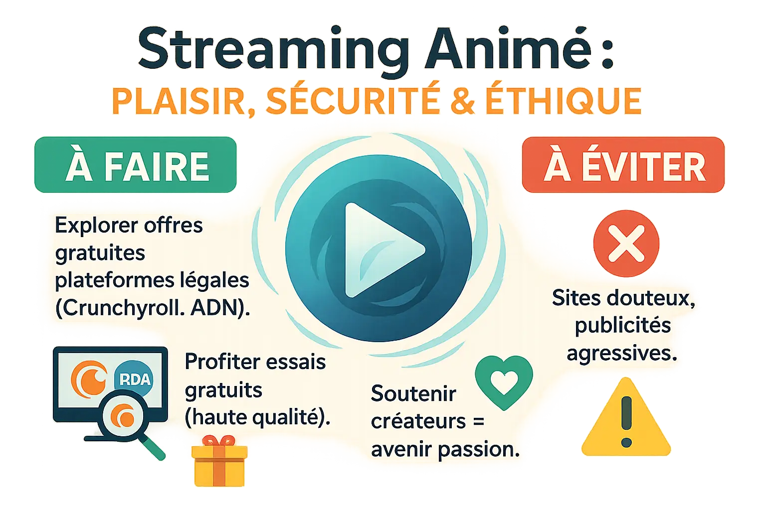 Illustration représentant un fan d'anime regardant un écran avec des <strong>options de streaming légales et illégales</strong> côte à côte »></p>
<h3 id=